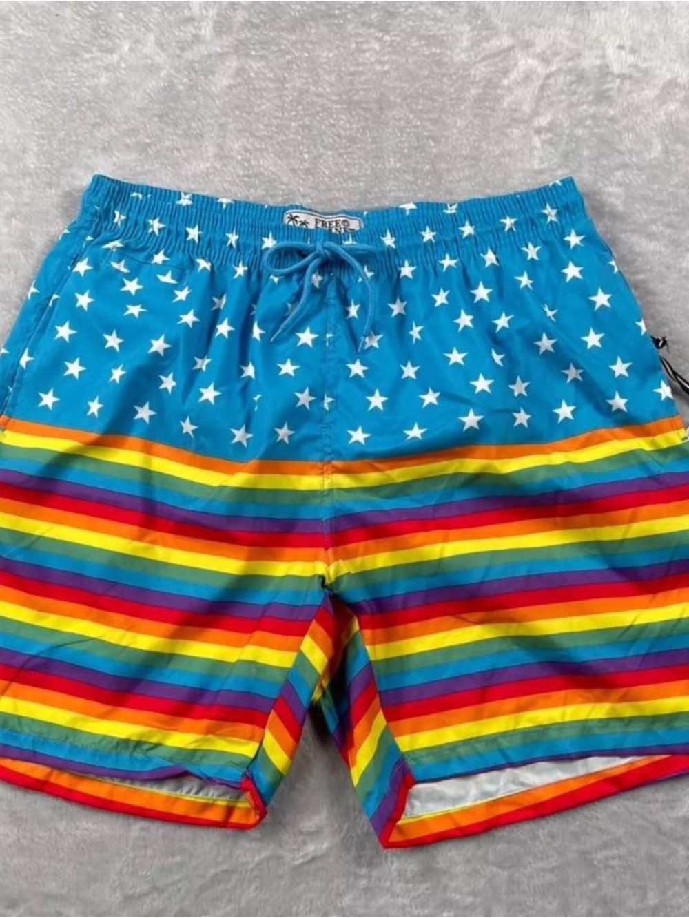 Men’s free planet Blue Star & Rainbow Stripe Swim Trunks size XL